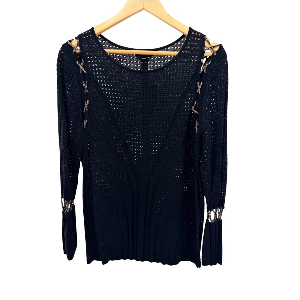 Bebe Lace Up Shoulder Sweater Top XL Black Open Knit Metallic Cage Sleeve NWT